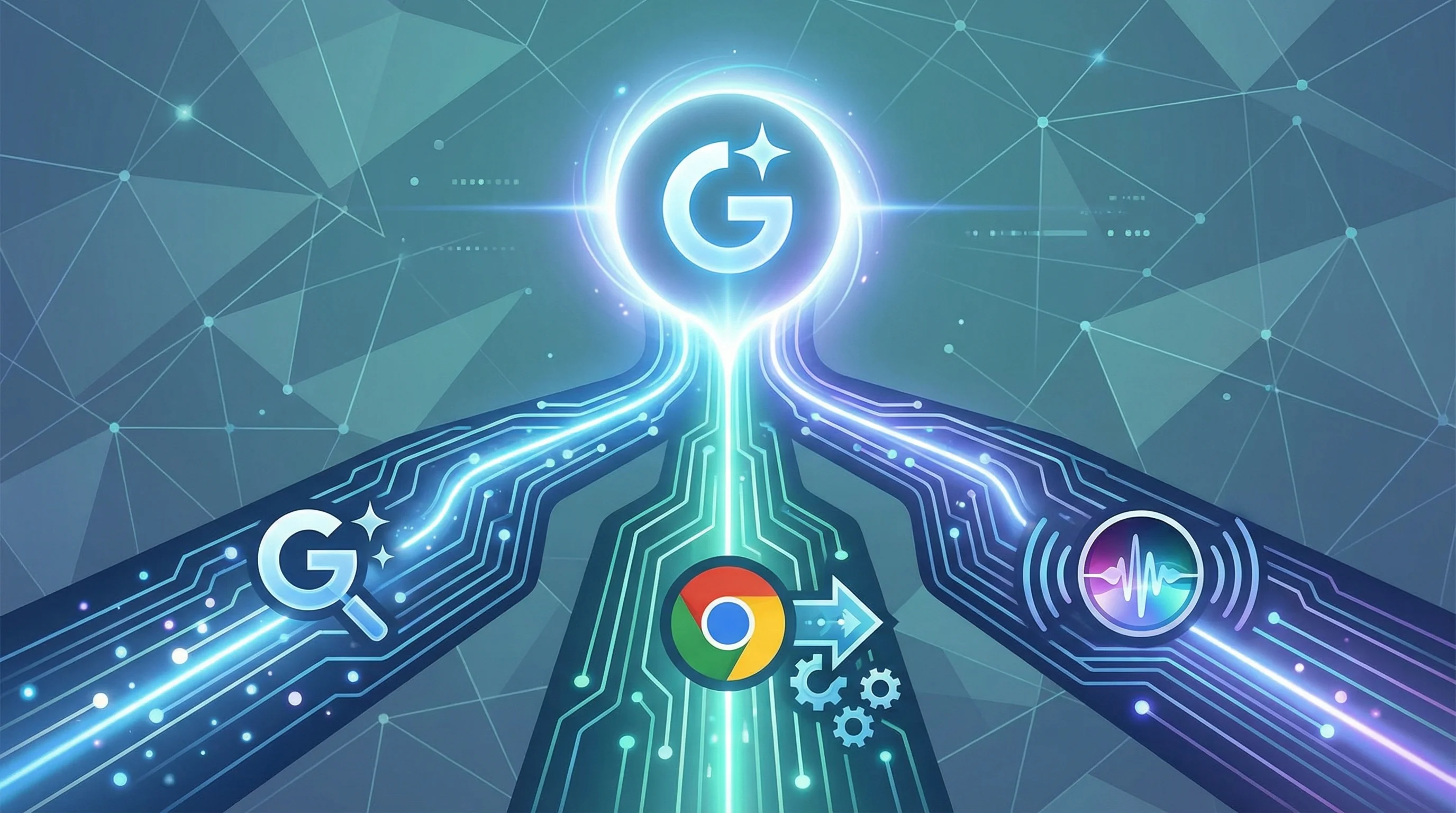 Illustration showing three AI ecosystems converging: Google AI Overviews, Chrome auto-browse agent, and Apple Siri, all powered by Google Gemini