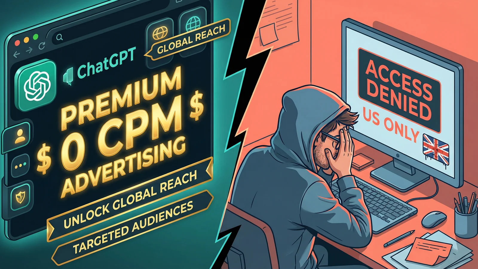 Split illustration showing ChatGPT ads launching at premium pricing on one side and UK small business owners locked out on the other
