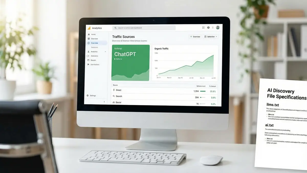 Website analytics dashboard showing ChatGPT referral traffic growing alongside AI discovery file specifications document