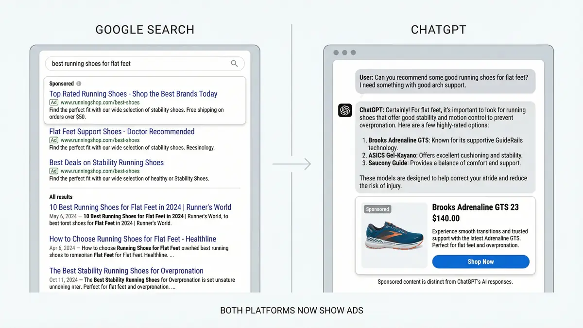 Side-by-side comparison of Google Search results with sponsored ads and ChatGPT conversation with sponsored ad below organic answer