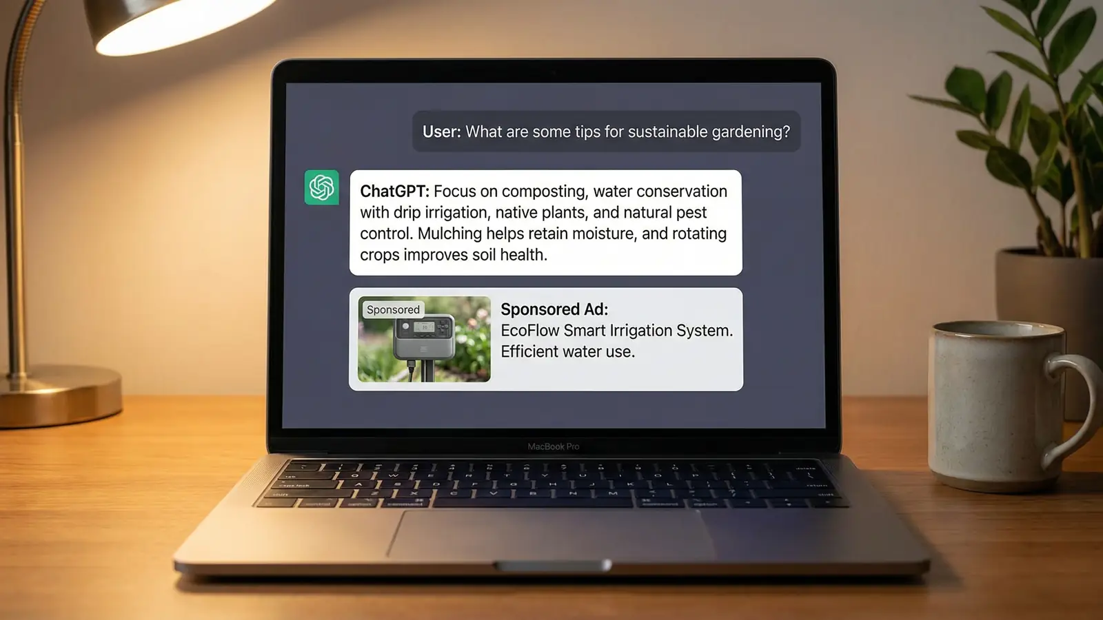ChatGPT conversation showing organic AI answer above a sponsored advertisement on a laptop screen