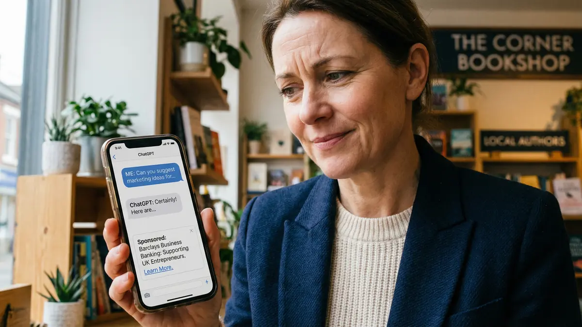 British small business owner in an independent bookshop looking at ChatGPT conversation with sponsored ad on her phone