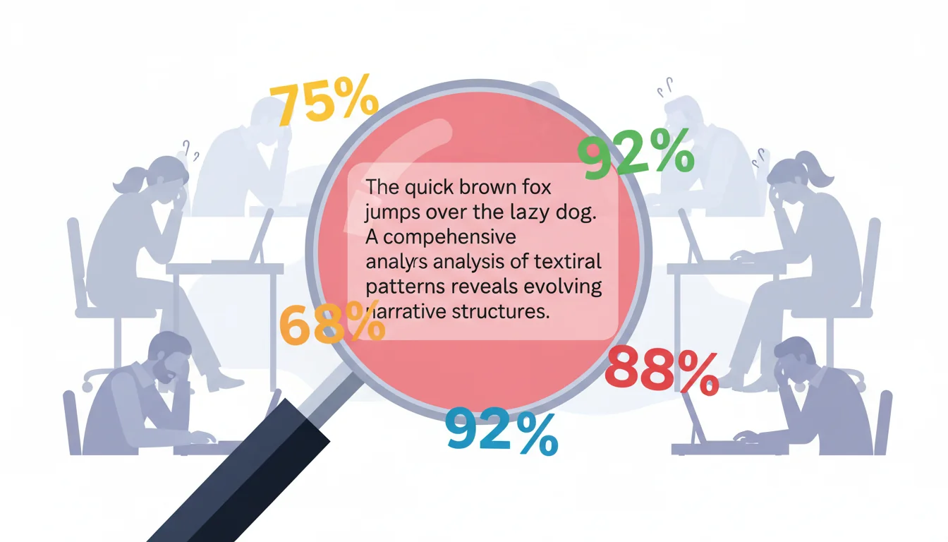Illustration of a magnifying glass tinted red examining text with false positive percentages floating around it and worried writers in the background