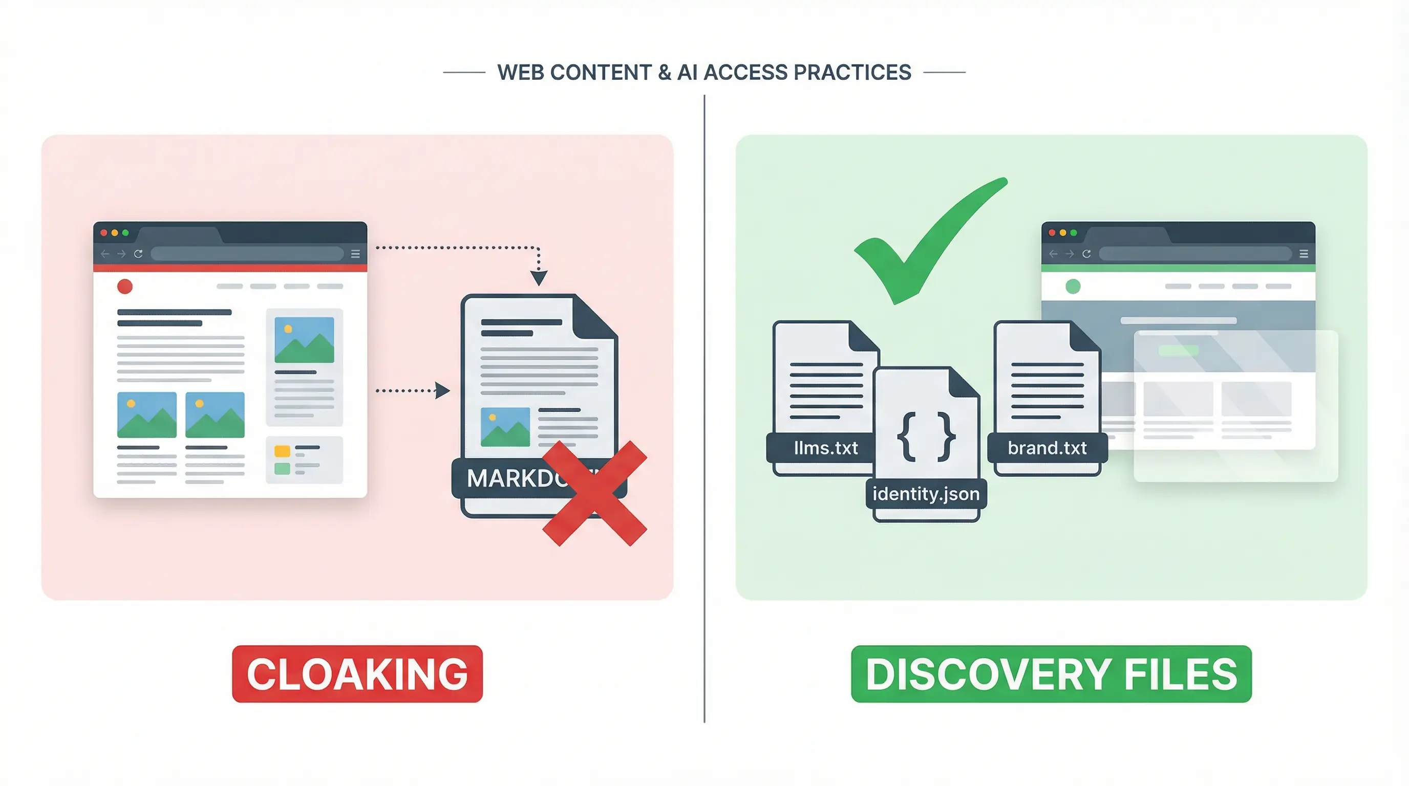 Split diagram showing content mirroring on the left where the same webpage exists as both HTML and markdown, versus AI discovery files on the right containing new supplementary information