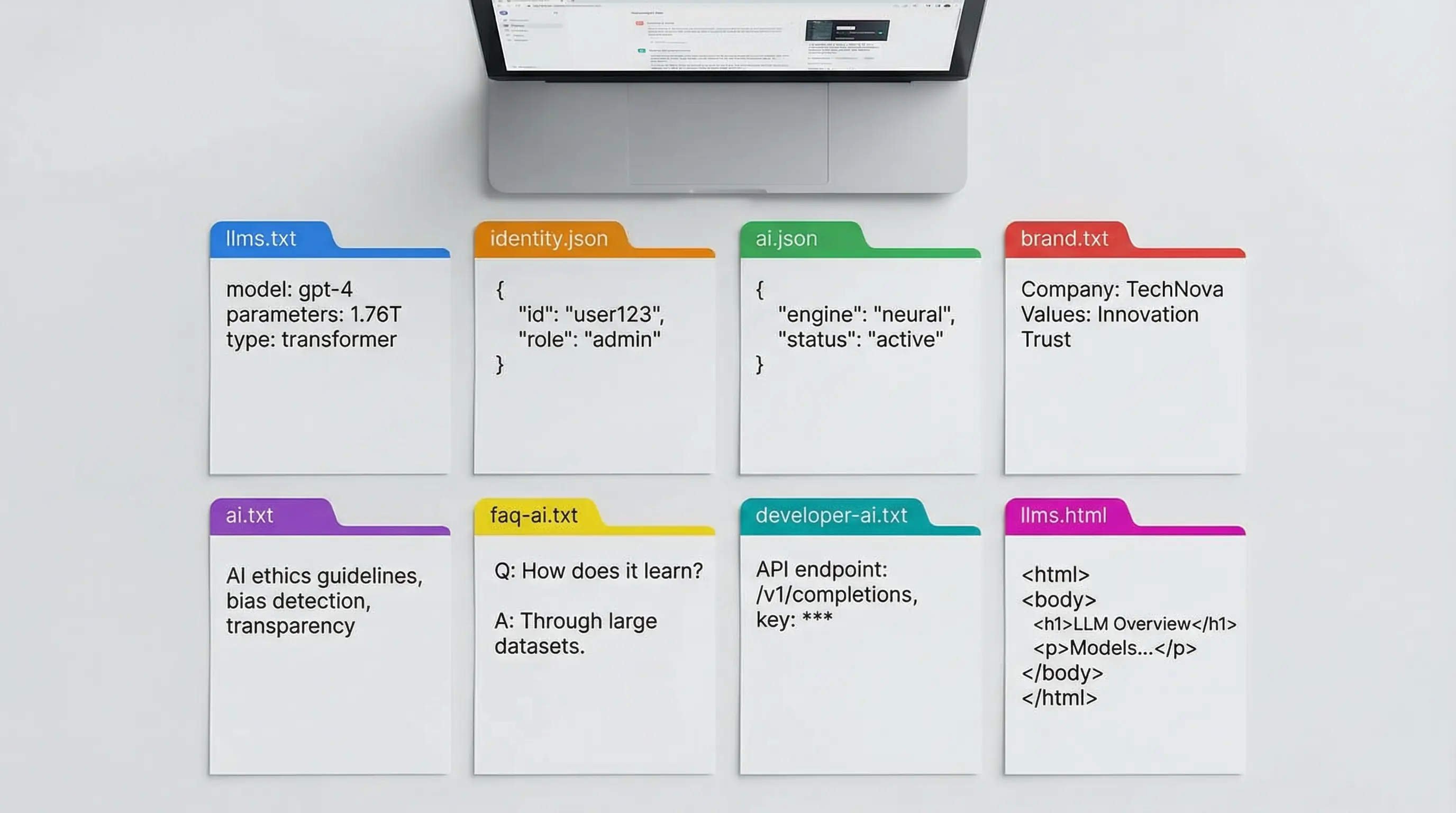 Organised set of AI discovery file documents including llms.txt, identity.json, ai.json, and brand.txt laid out on a desk next to a laptop showing a website