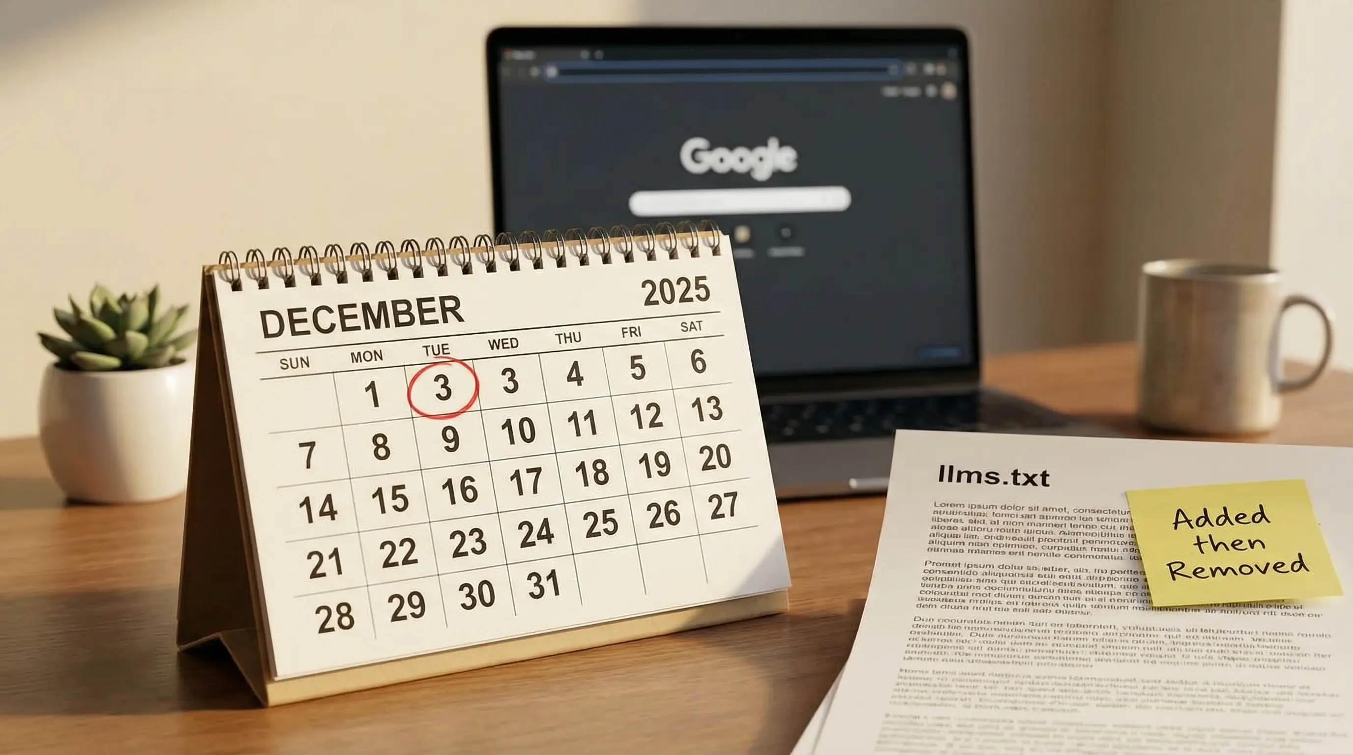 Calendar showing December 2025 with a Google logo and a document being added and then removed, representing Google briefly adding llms.txt to their Search Central docs