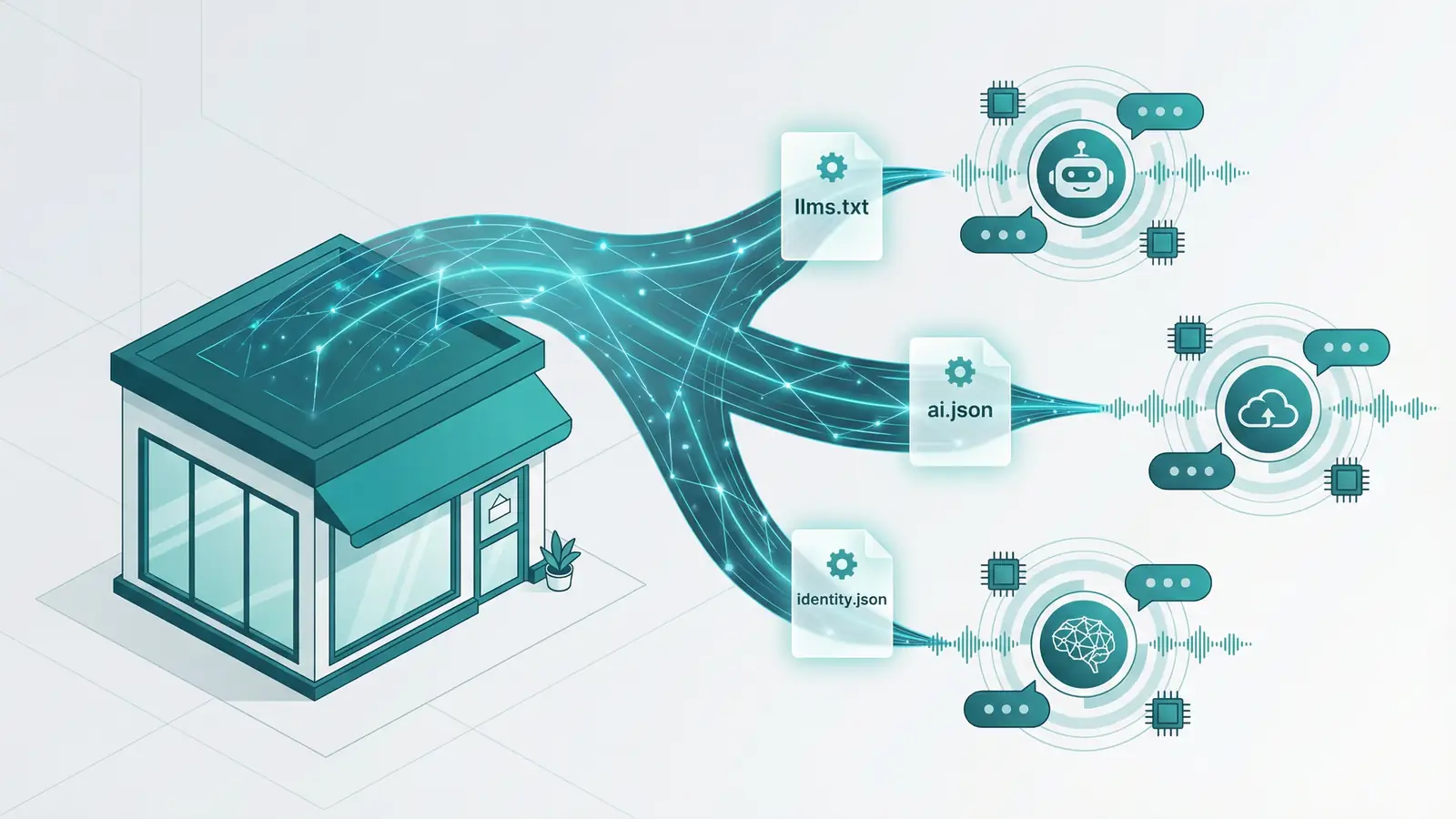 Illustration showing AI discovery files bridging a business to multiple AI systems like ChatGPT, Claude, and Gemini