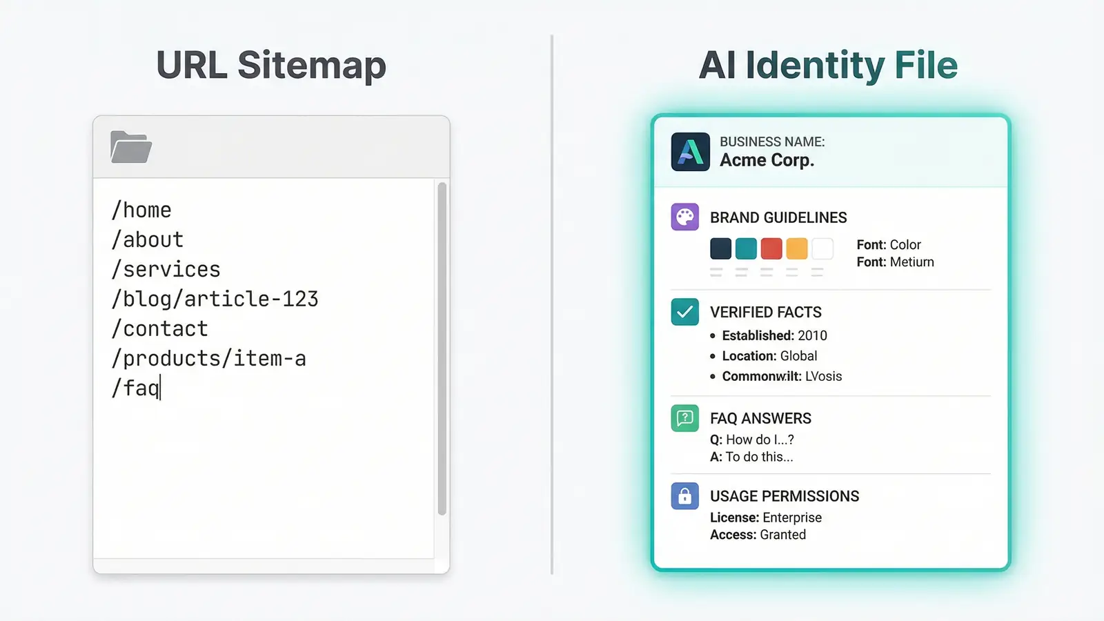 Visual comparison showing a URL sitemap list versus a proper AI identity file with business context, brand guidelines, and verified facts