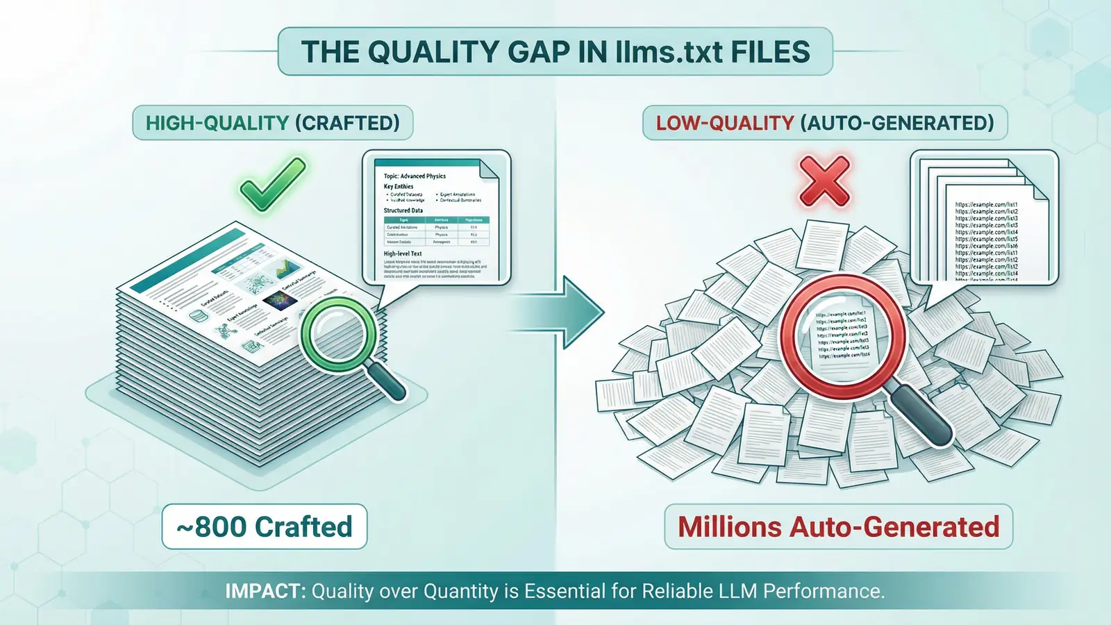 Diagram showing the quality gap between auto-generated URL lists from SEO plugins and properly crafted AI identity files with business context