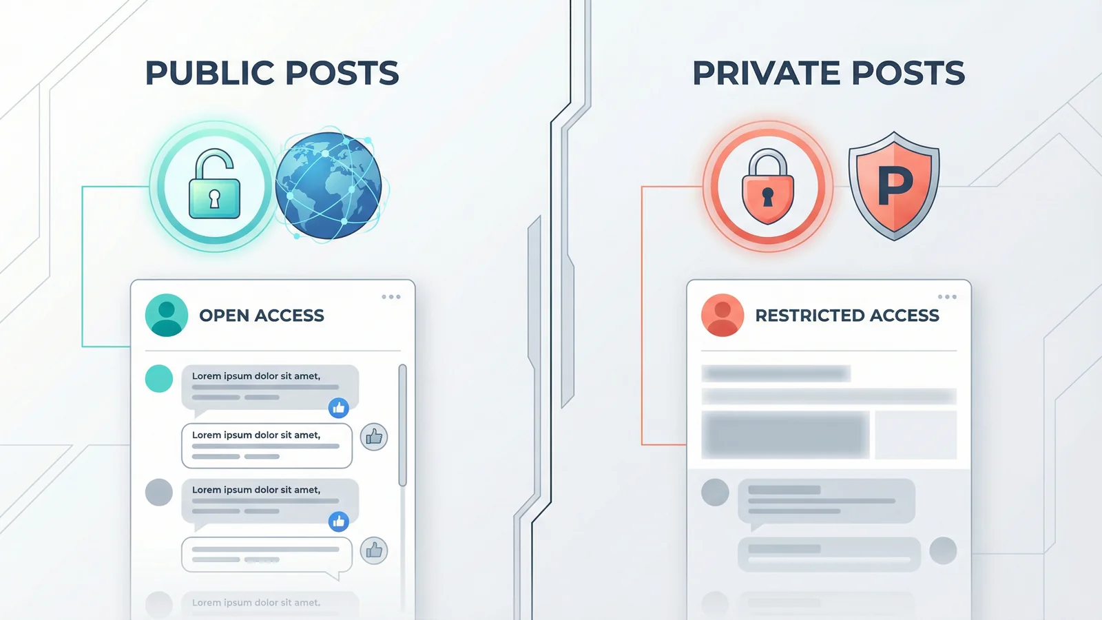 Illustration showing the difference between public and private social media posts with open and closed padlock icons