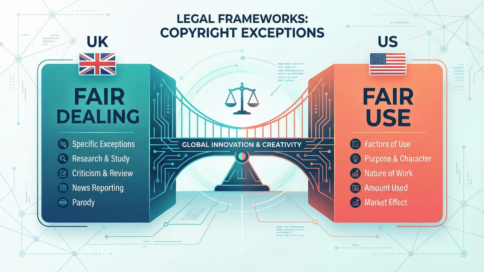 Side-by-side comparison of UK fair dealing and US fair use legal frameworks with Union Jack and Stars and Stripes