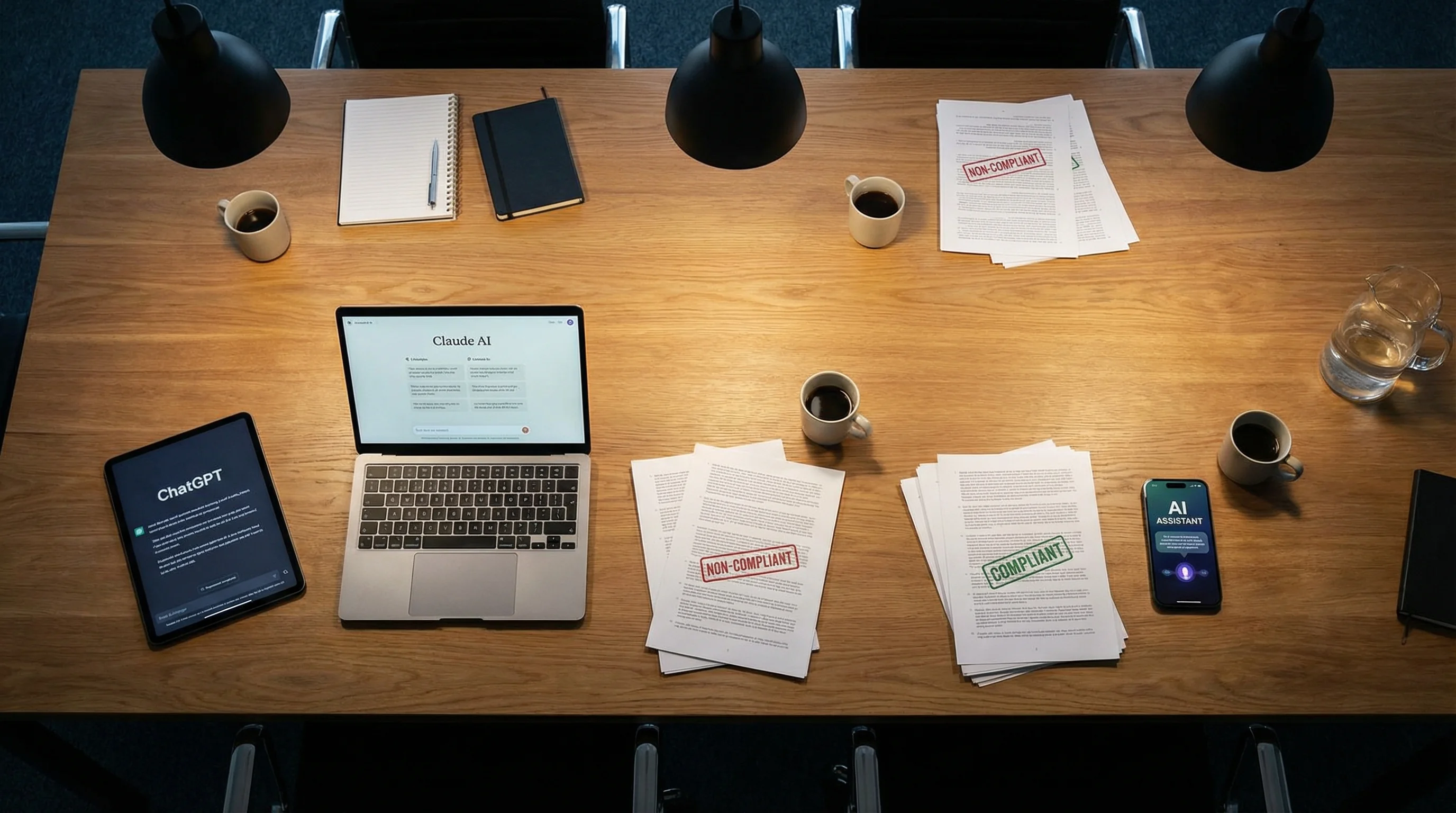 Overhead view of a conference table with tablets and laptops showing different AI chatbot interfaces, some marked compliant and others flagged for review