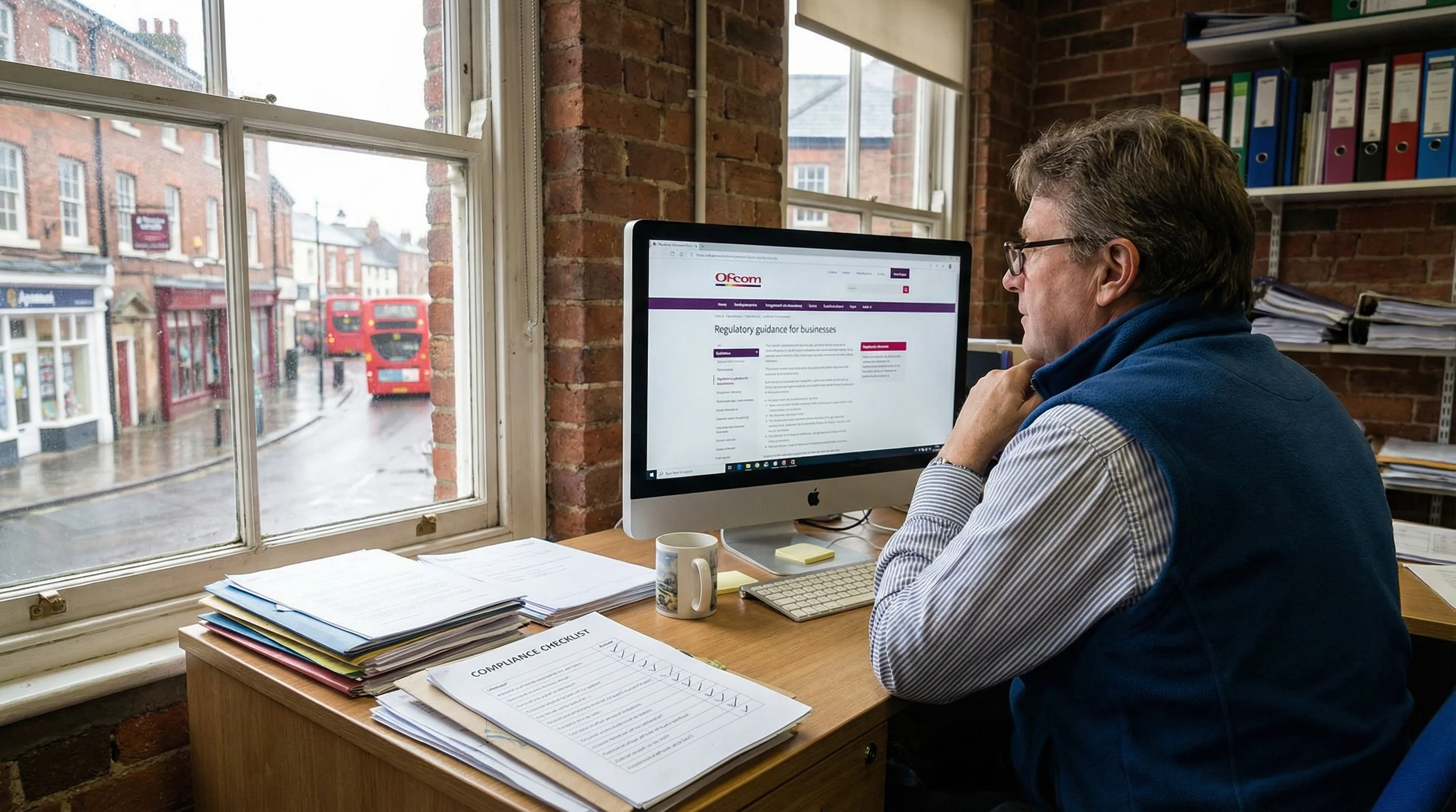 UK business owner sitting at a desk checking Ofcom compliance guidelines on a computer screen, with a compliance checklist visible and a high street visible through the window