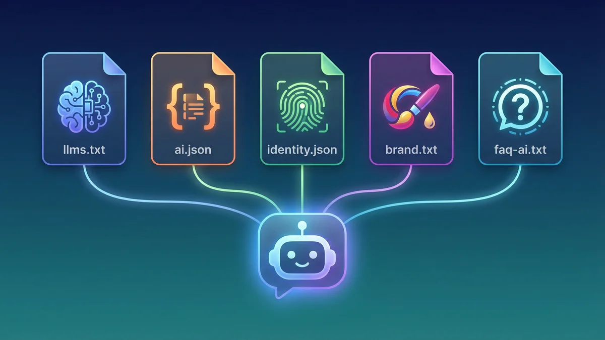 Illustration showing AI discovery file documents including llms.txt, ai.json, identity.json, brand.txt, and faq-ai.txt connecting to an AI assistant