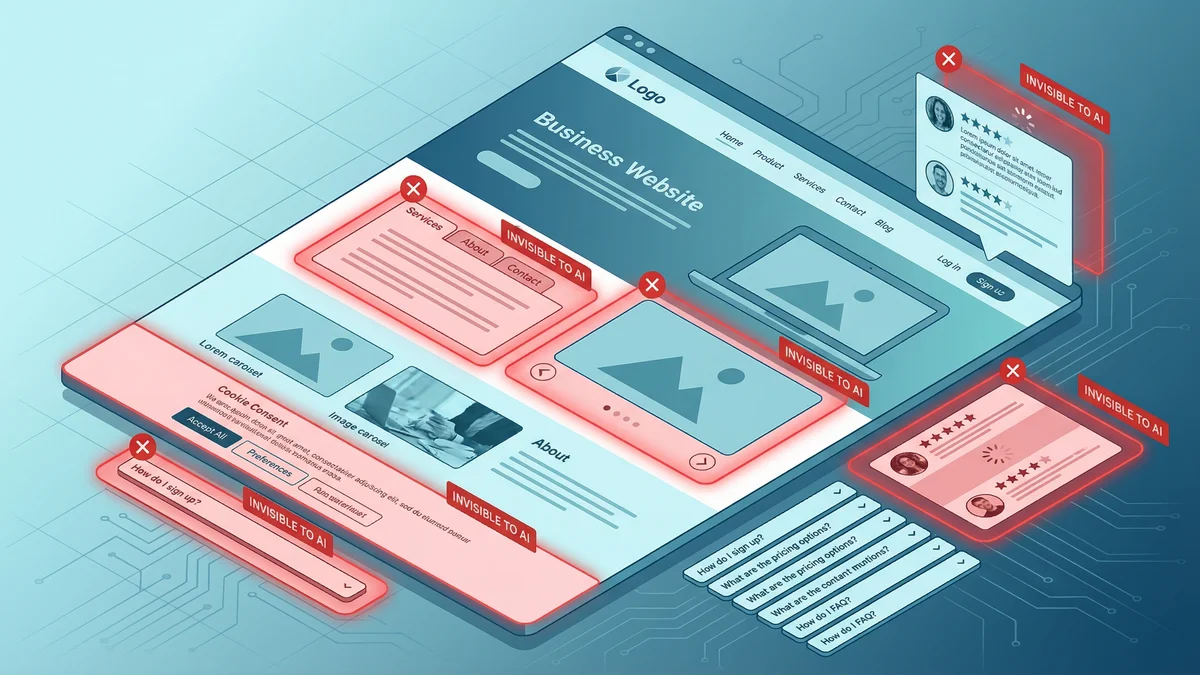 Isometric illustration of a website with invisible elements highlighted in red including tabs, carousels, and accordion content