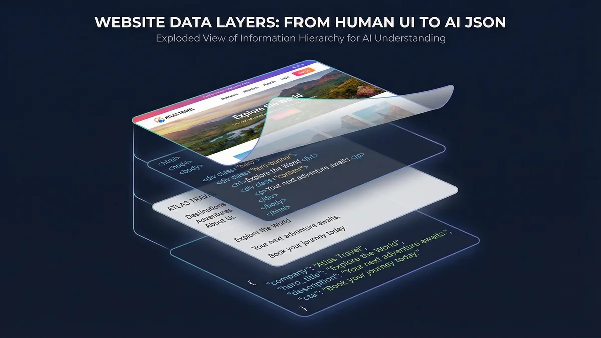 Illustration showing layered view of a website with visual design on top, HTML structure in the middle, and plain text at the bottom