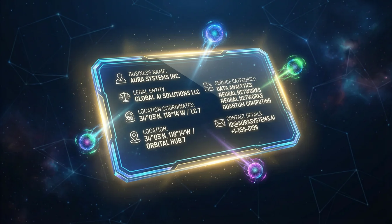 Futuristic digital identity card displaying structured business data fields with AI systems scanning it