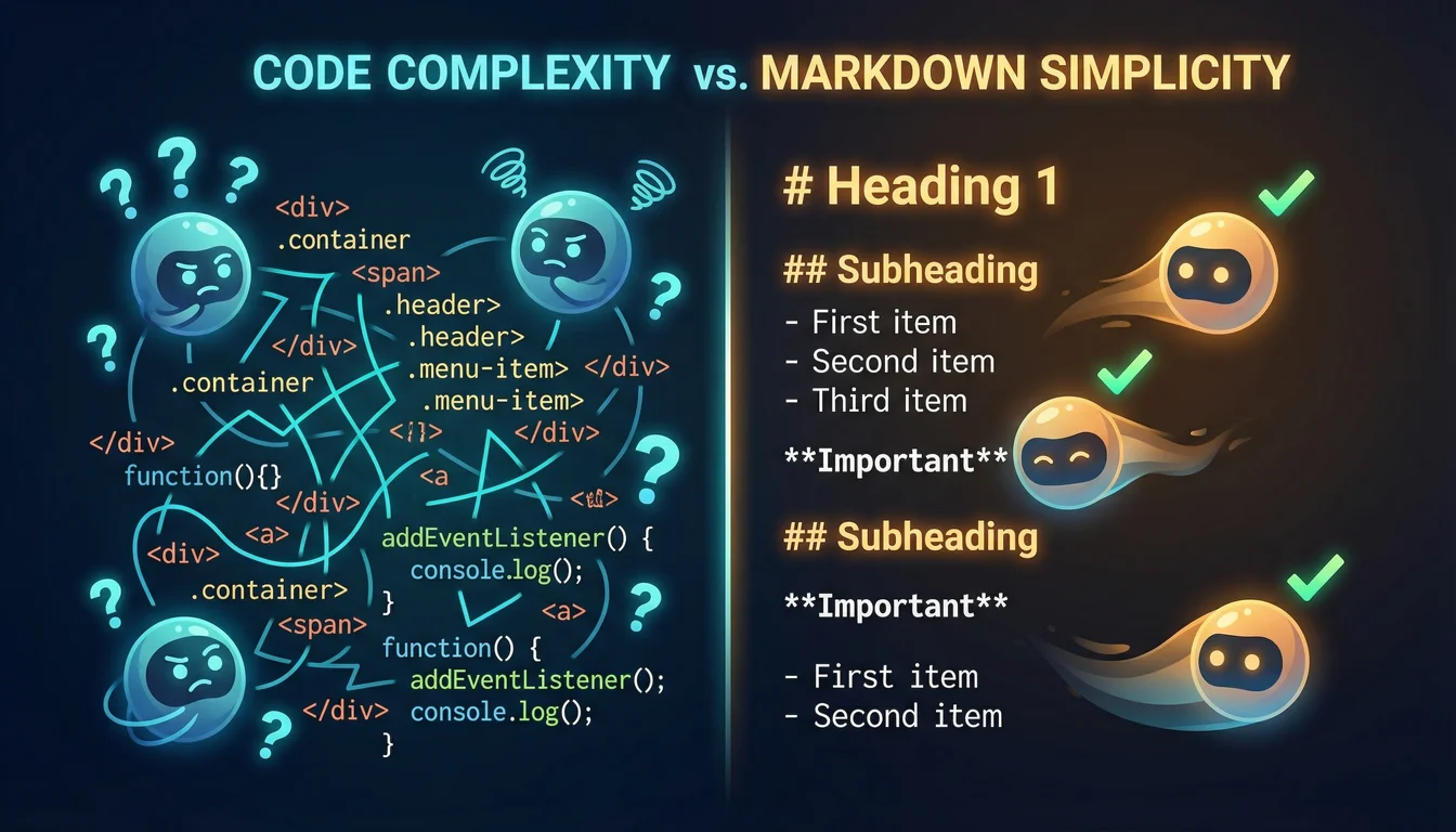 Split illustration comparing tangled HTML code versus clean structured AI discovery files
