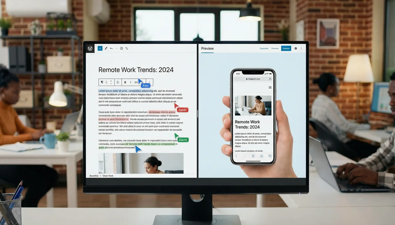 WordPress block editor showing three users editing the same post with coloured cursors, alongside a mobile preview of the published page