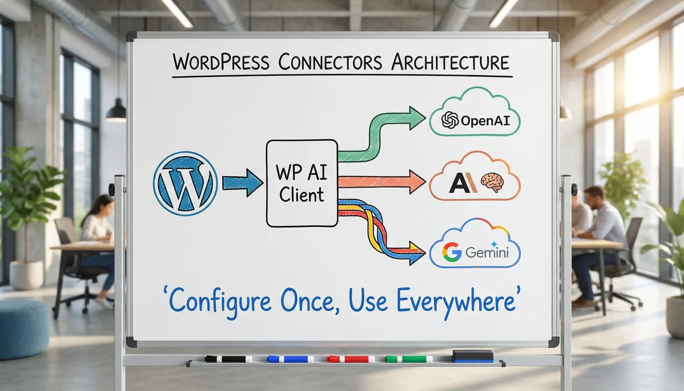 Diagram showing WordPress Connectors architecture: Settings page connects to WP AI Client which routes to OpenAI, Claude, and Gemini APIs, shared by all plugins