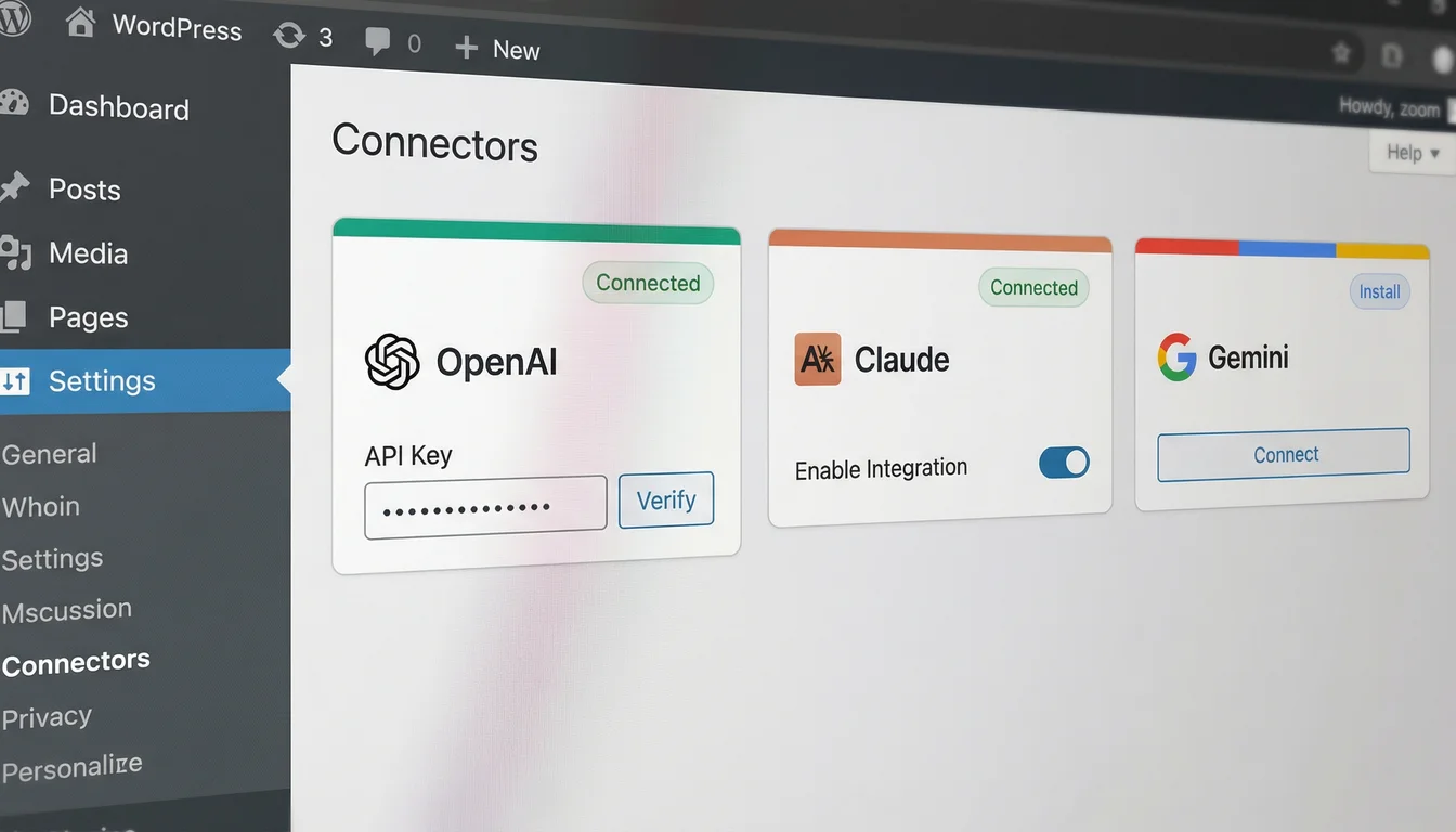 WordPress 7.0 Beta 2 Settings Connectors page showing OpenAI, Claude, and Gemini connector cards with Install buttons