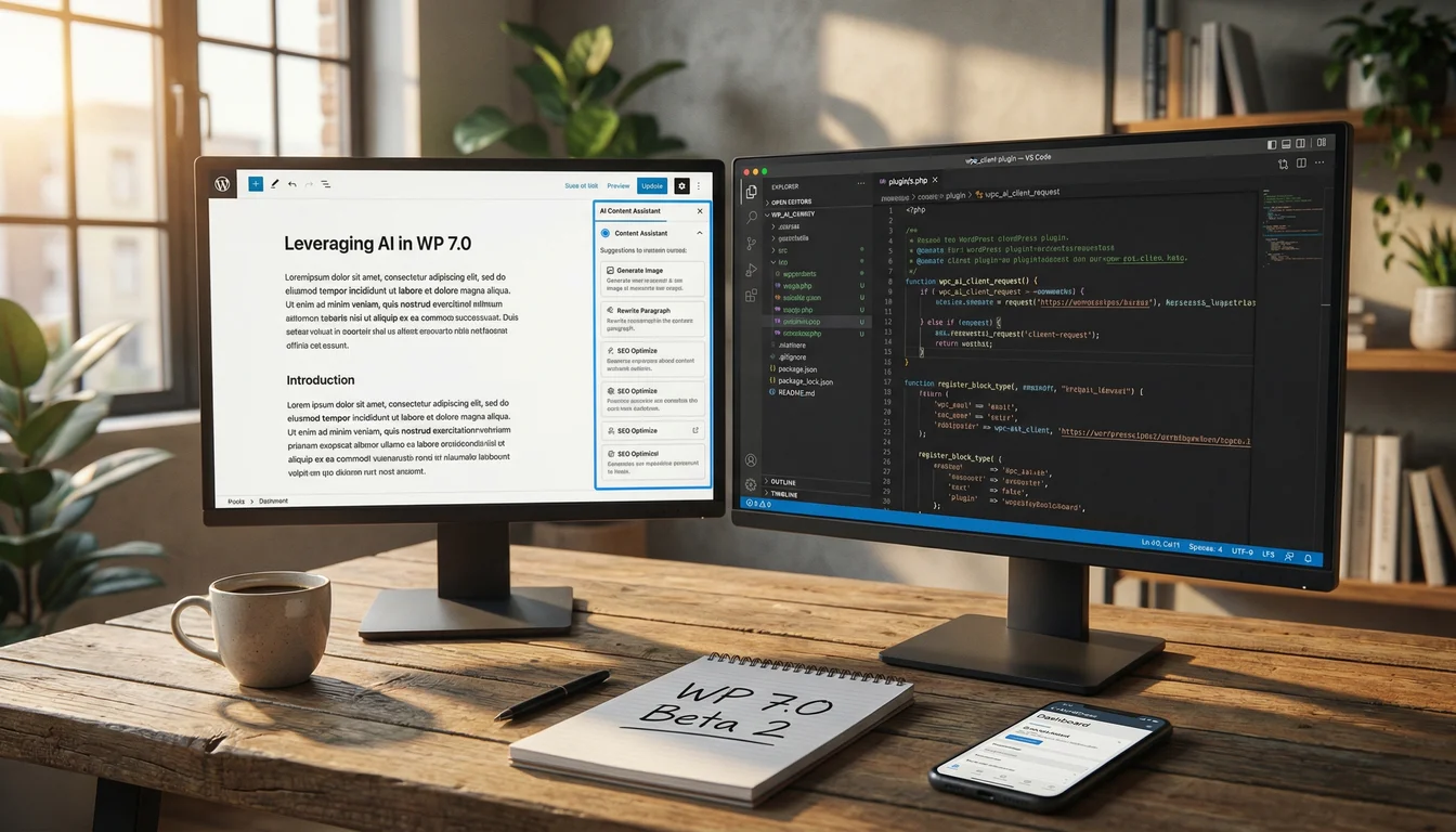 A web designer's workspace with dual monitors showing the WordPress block editor with AI content suggestions and PHP code for a WP AI Client plugin