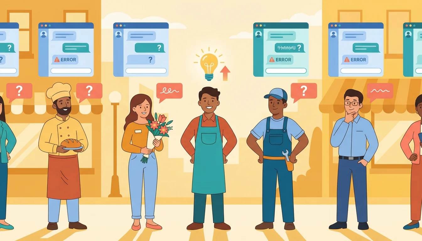 Illustration of small business owners with question marks in speech bubbles, with AI chatbot interfaces showing incorrect information above them