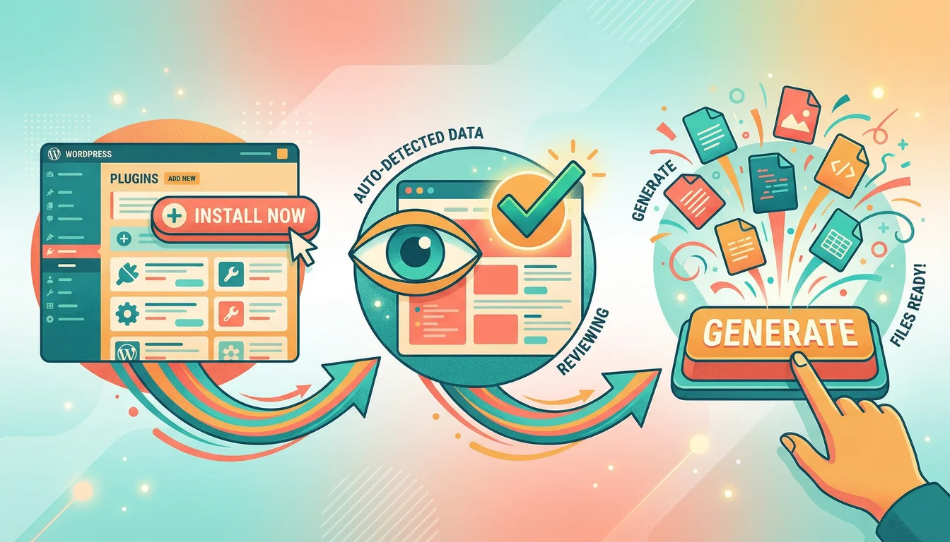 Three-step illustration showing WordPress plugin installation, data review with checkmark, and Generate button with colourful files exploding out like confetti