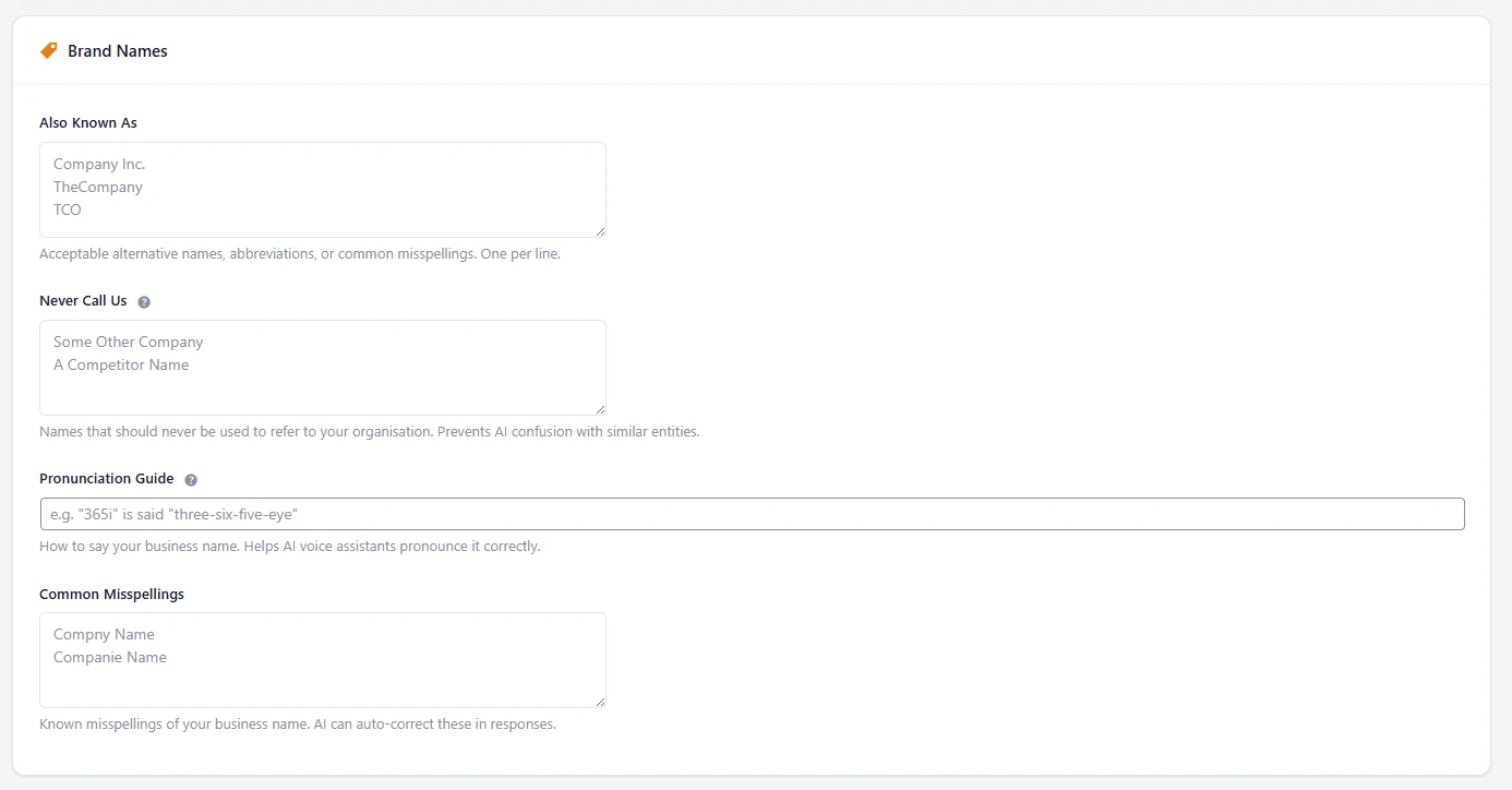 AI Discovery Files plugin Brand Names section showing Also Known As, Never Call Us, Pronunciation Guide, and Common Misspellings fields