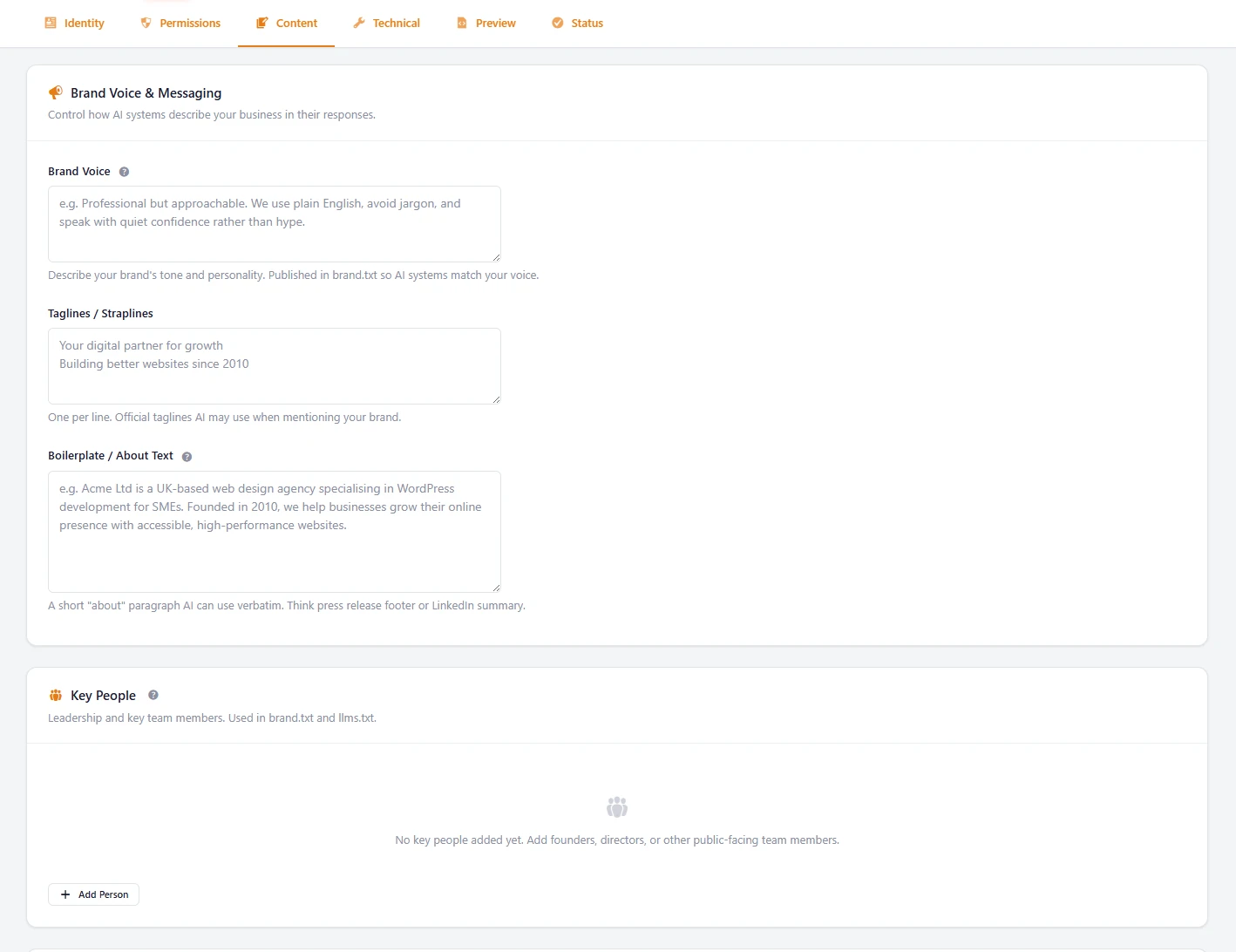 AI Discovery Files plugin Content tab showing Brand Voice, Taglines/Straplines, Boilerplate/About Text, and Key People sections
