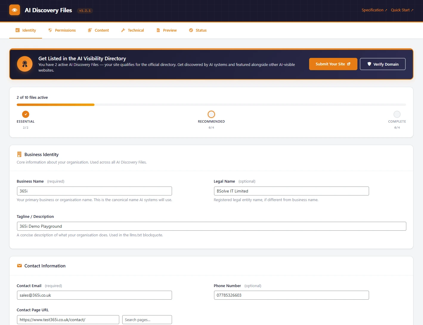 AI Discovery Files plugin Identity tab showing Business Name, Legal Name, Tagline, Contact Email, Phone Number, and Contact Page URL fields filled in with example data