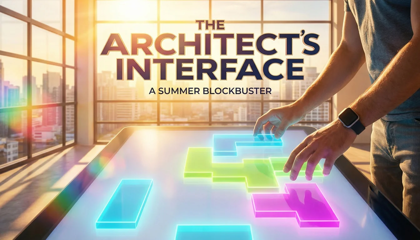 Bright vivid image of a designer's hands assembling colourful glowing UI component blocks on a touchscreen in a sunlit studio