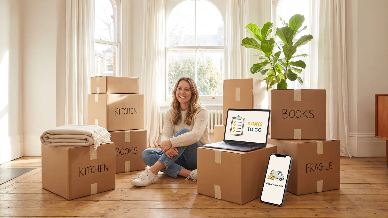A woman sitting among labelled cardboard moving boxes in a bright living room, a laptop showing a moving checklist counting down '3 days to go' and a phone estimating boxes and van size
