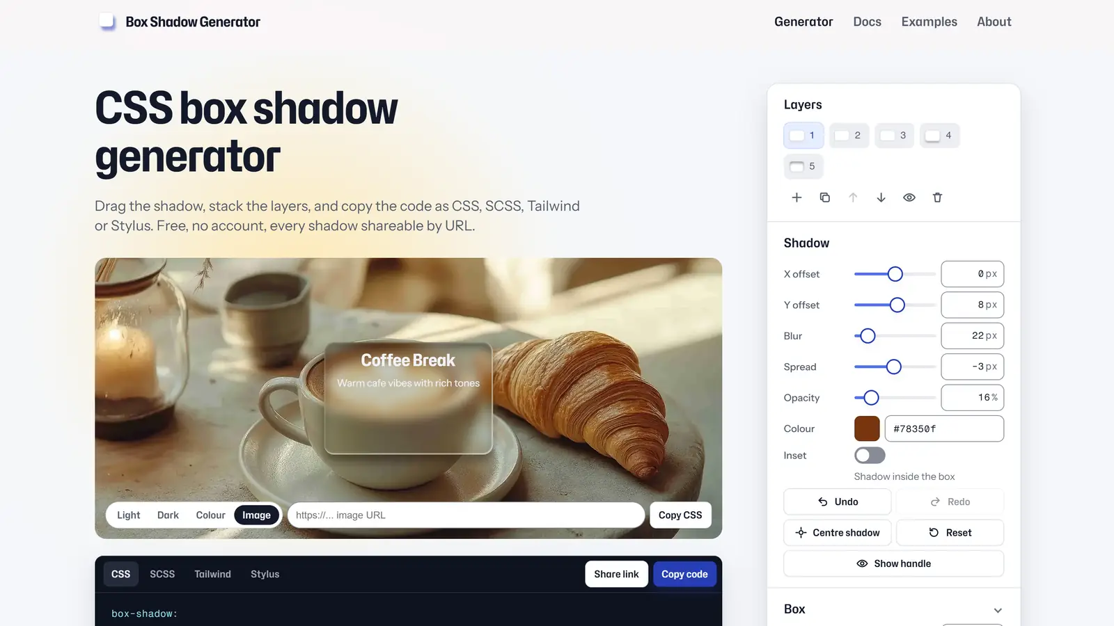 Box Shadow Generator showing the Coffee Break preset, an amber glass card with five layered shadows over a coffee and croissant photo