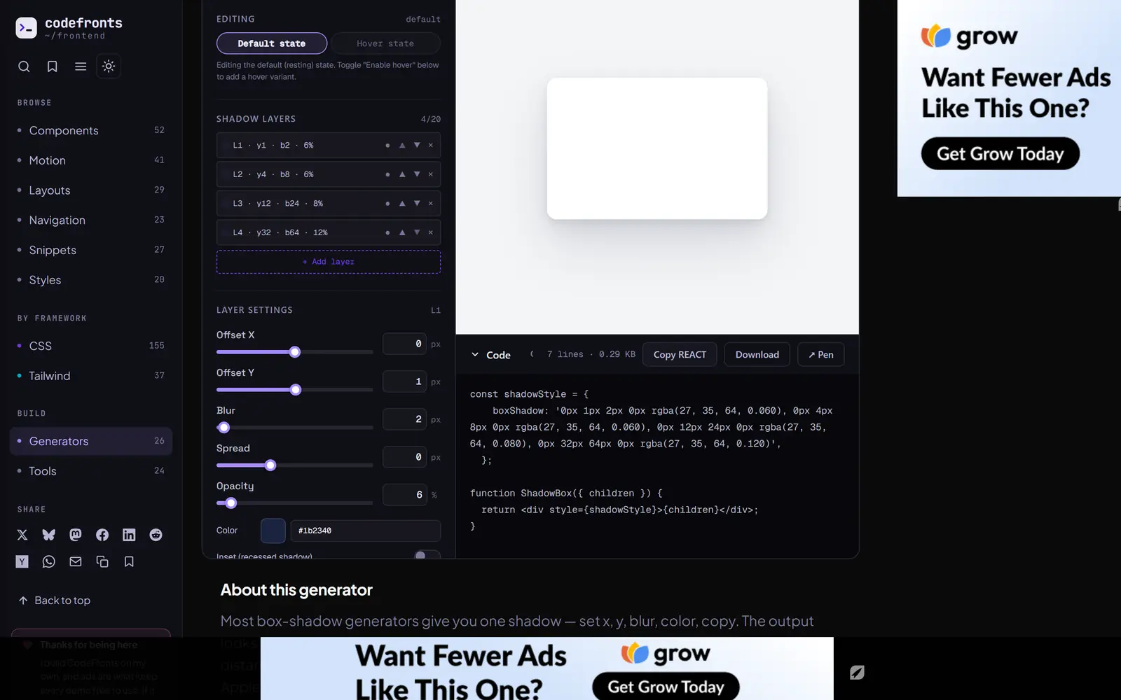 CodeFronts box shadow generator with four shadow layers and the React component it exports