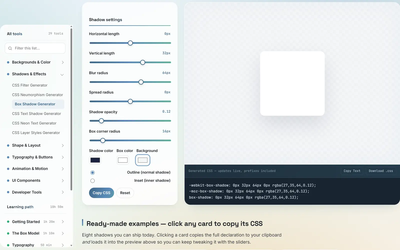 CSSmatic box shadow generator with sliders for length, blur, spread and opacity and a single shadow on a white box