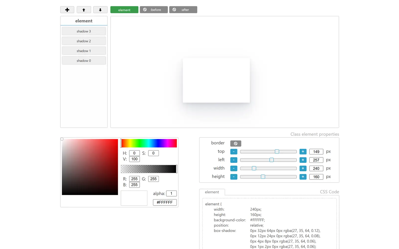 MDN box-shadow generator with four shadow layers, element size settings and the generated CSS
