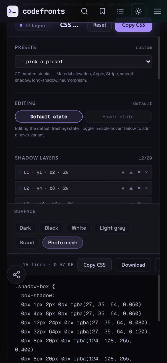 CodeFronts box shadow generator on a 390 pixel wide phone screen showing layer controls and code but no preview card