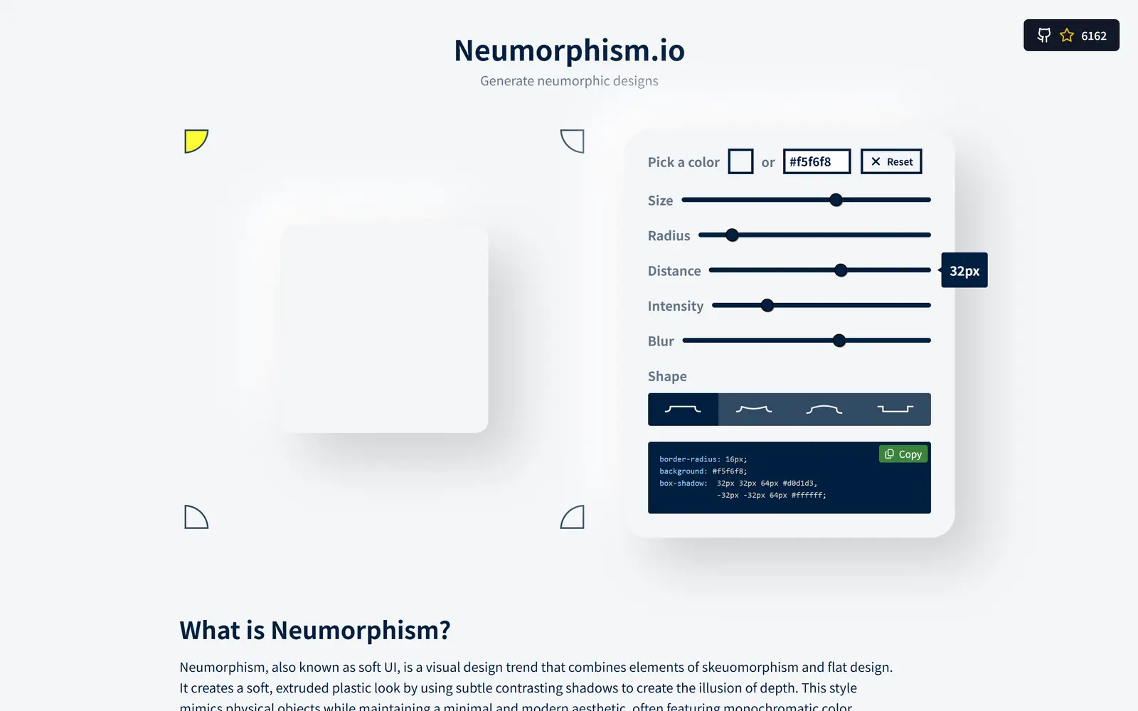 Neumorphism.io with a pale square casting a dark and a white shadow on opposite corners