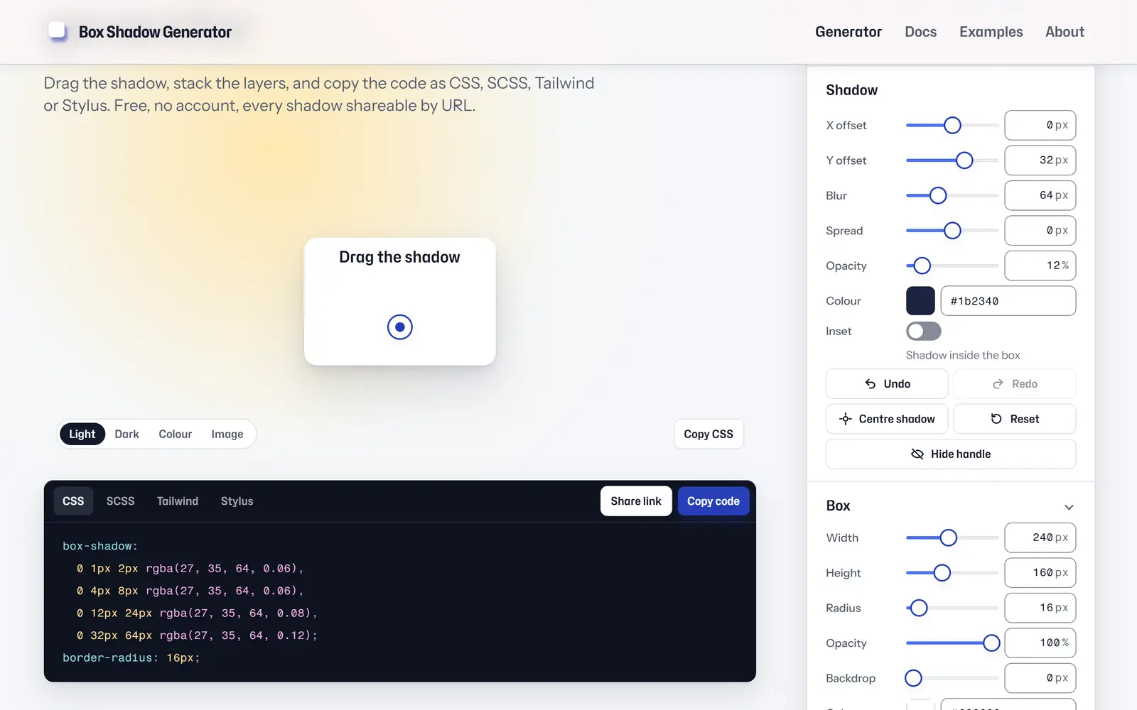 Box Shadow Generator with the four-layer reference shadow on a white card, CSS output and layer controls