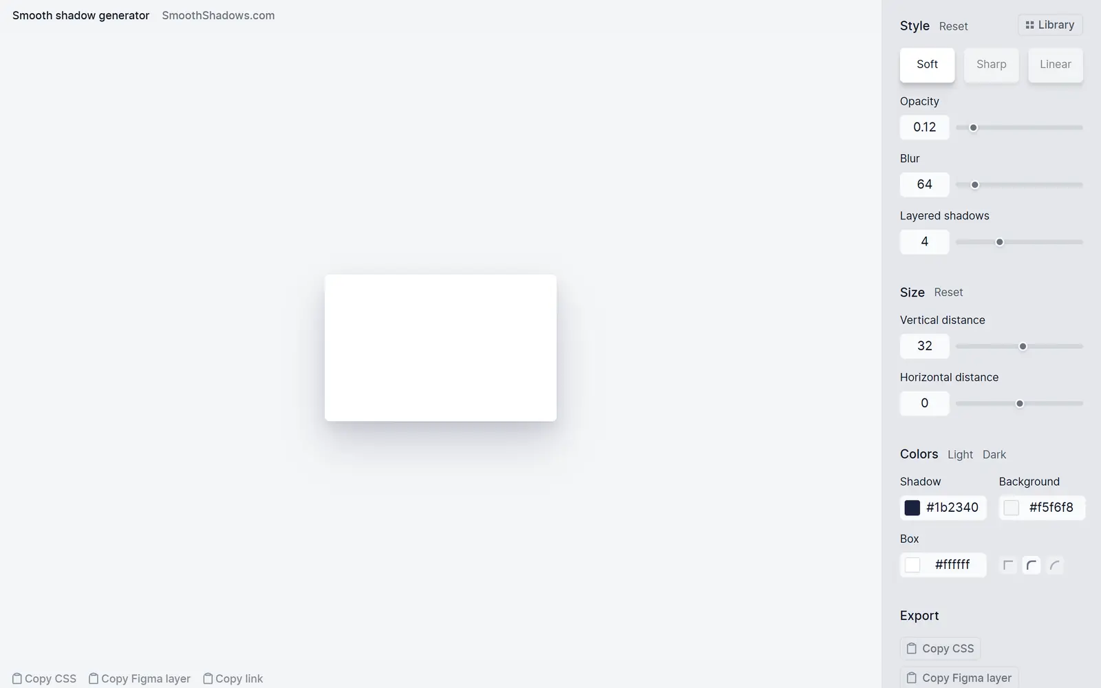 SmoothShadows generator with a four-layer soft shadow on a white box and controls for layers, blur and distance