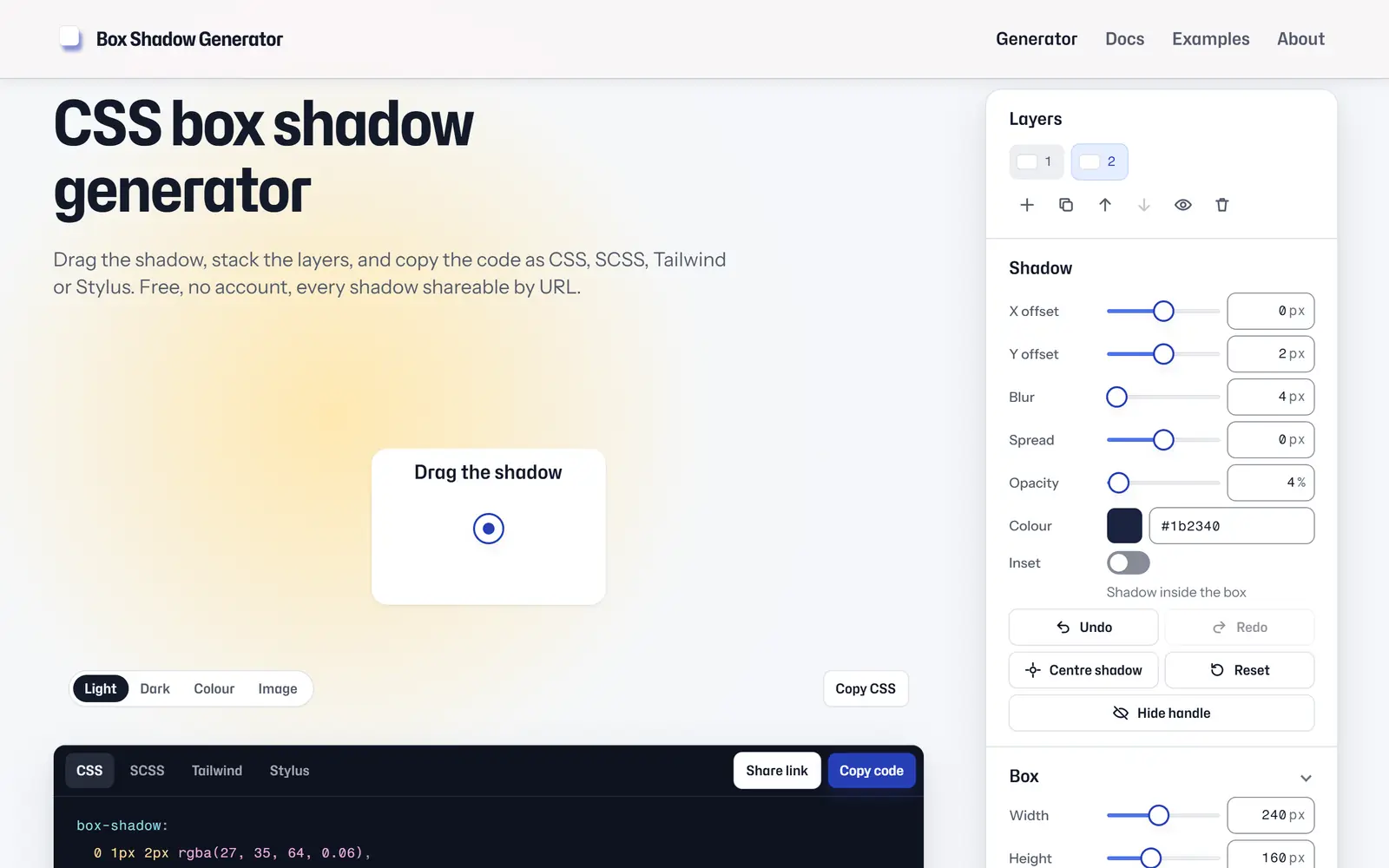 Layers panel showing two box shadow layers, the second selected