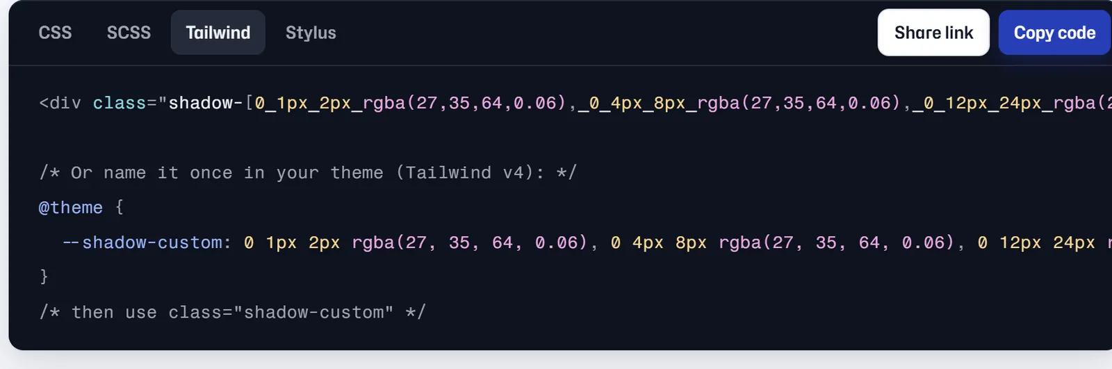 Tailwind output for the layered shadow: an arbitrary shadow class and a Tailwind v4 theme token