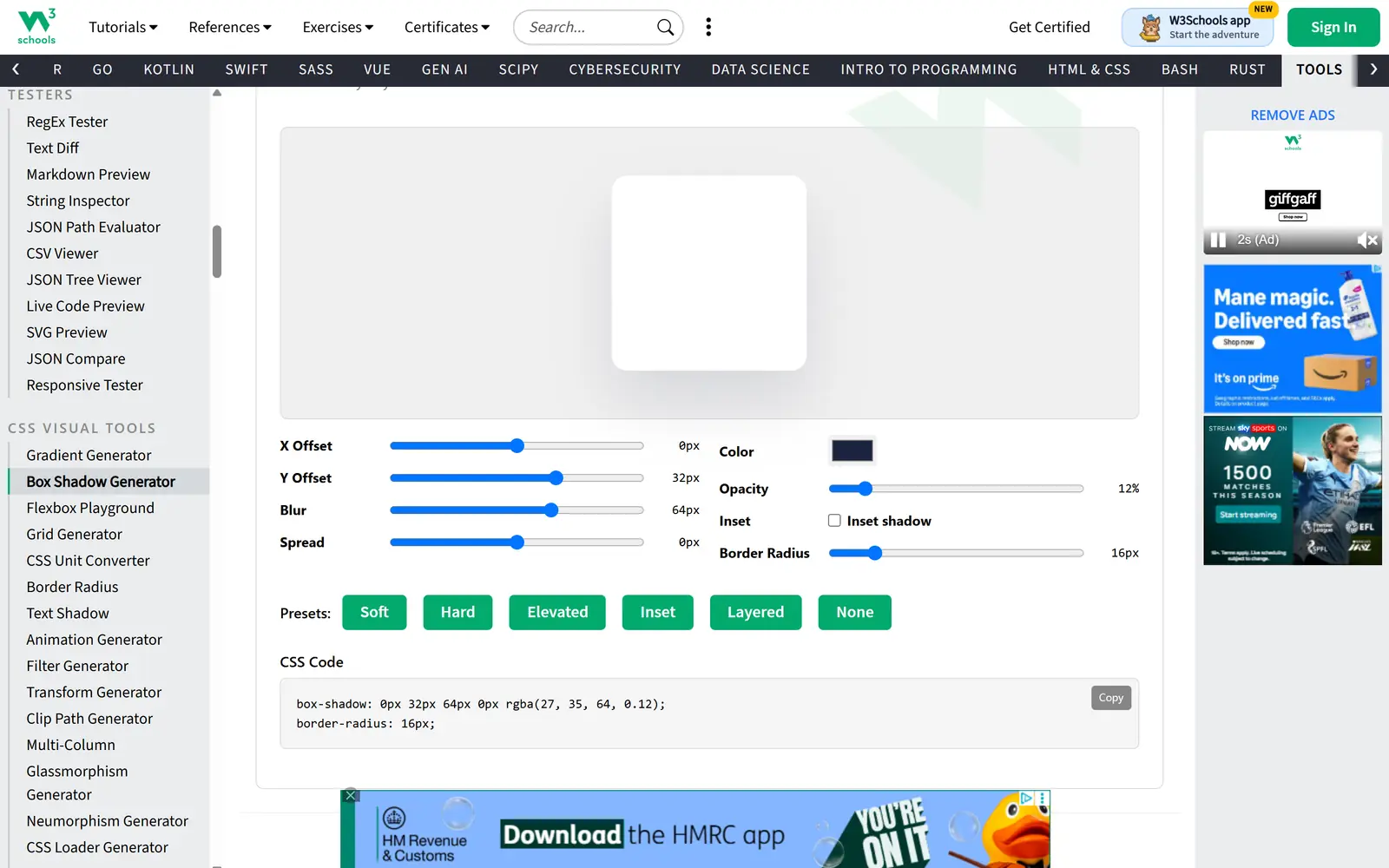 W3Schools CSS box shadow generator with a single shadow on a white square and ads in the right-hand column