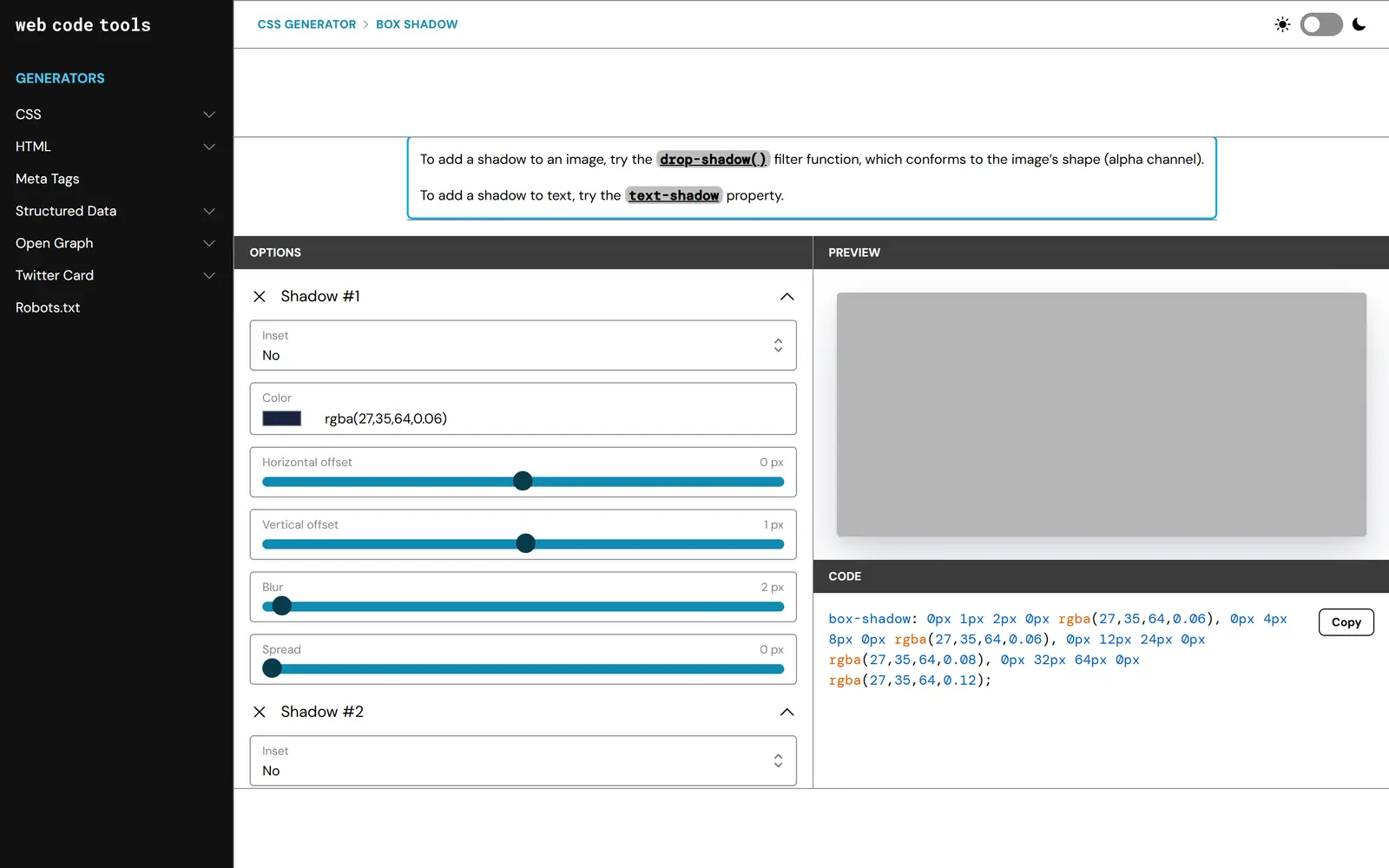 Web Code Tools box shadow generator with four shadow layers on a fixed grey box where the shadow is barely visible
