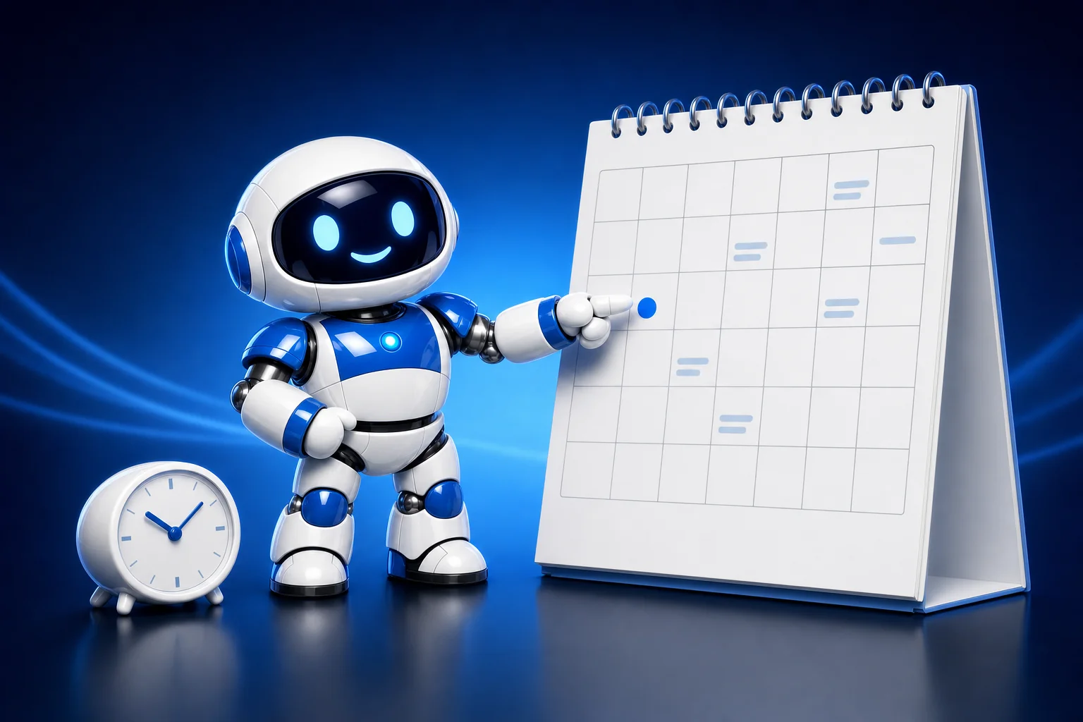 Glossy 3D illustration of Pip, a small white and blue robot, pointing at one day square on a large wall calendar where a single blue dot marks the chosen slot, a small desk clock on the floor beside him