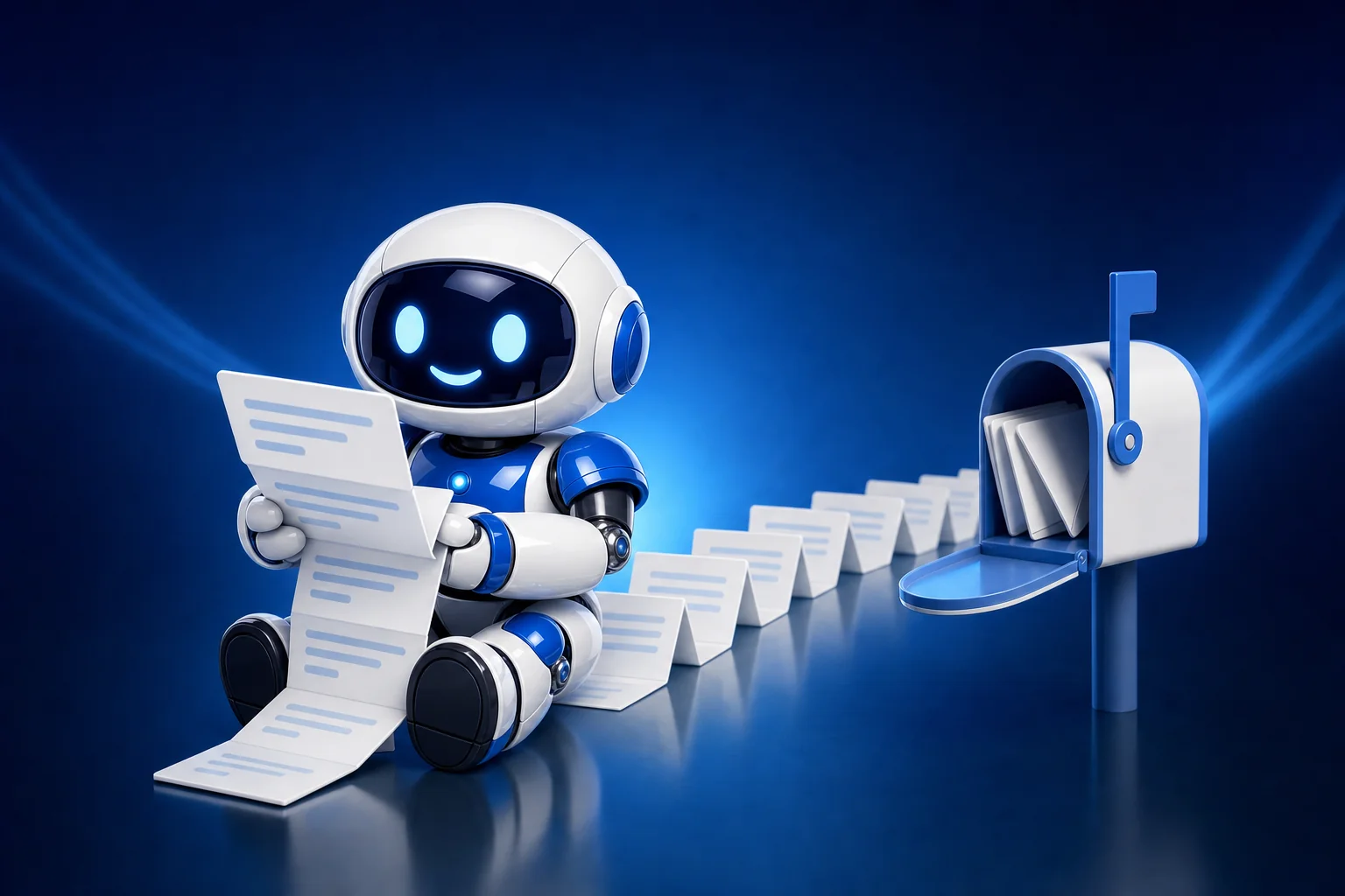 Glossy 3D illustration of Pip, a small white and blue robot, sitting on the floor holding up a long unrolled concertina of connected message cards that trails away behind him, representing reading an entire email conversation from the beginning