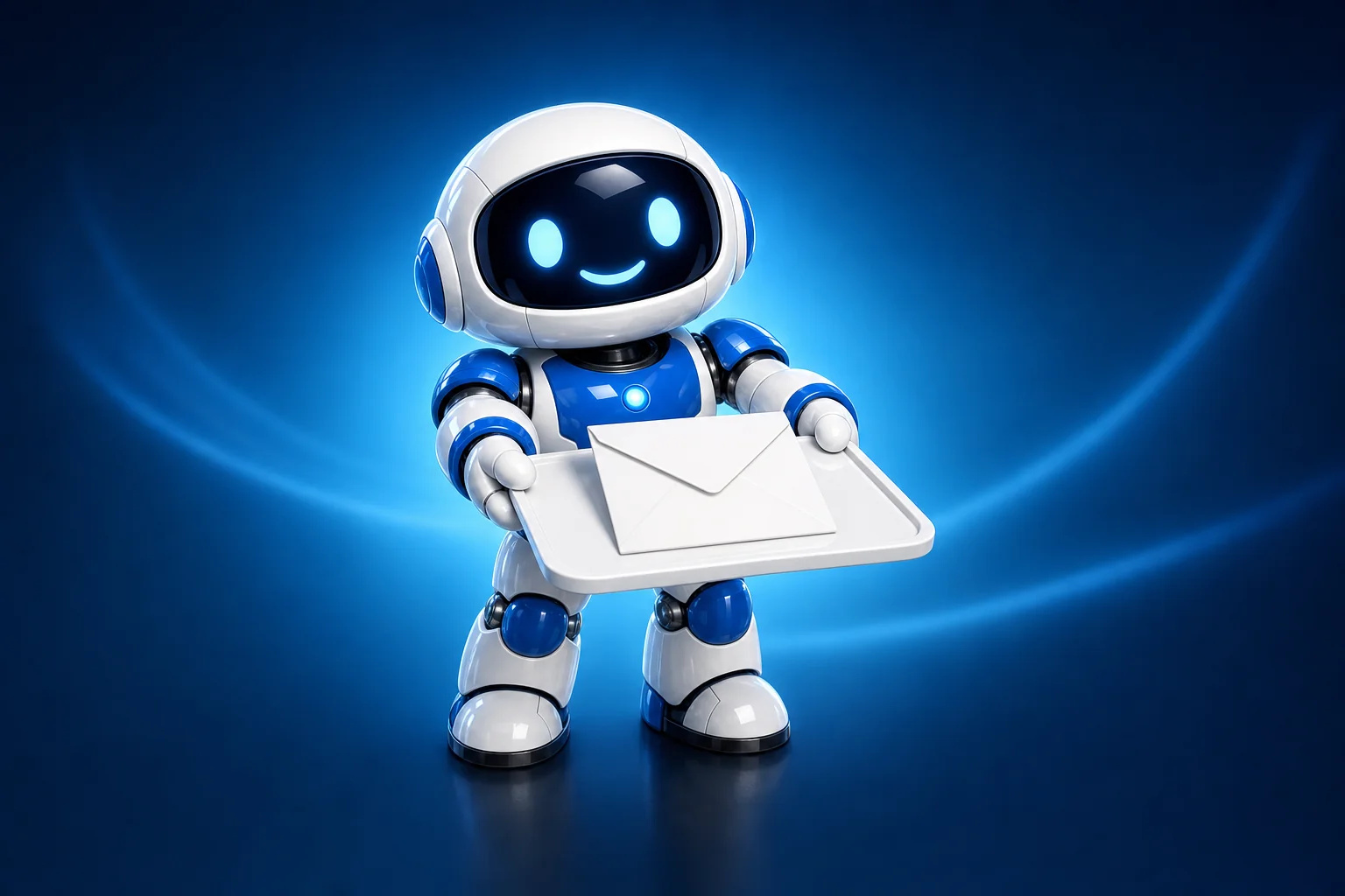 Glossy 3D illustration of Pip, a small white and blue robot, holding out a small white tray with both mitten hands, a single crisp envelope resting on it, offered up for someone else to take