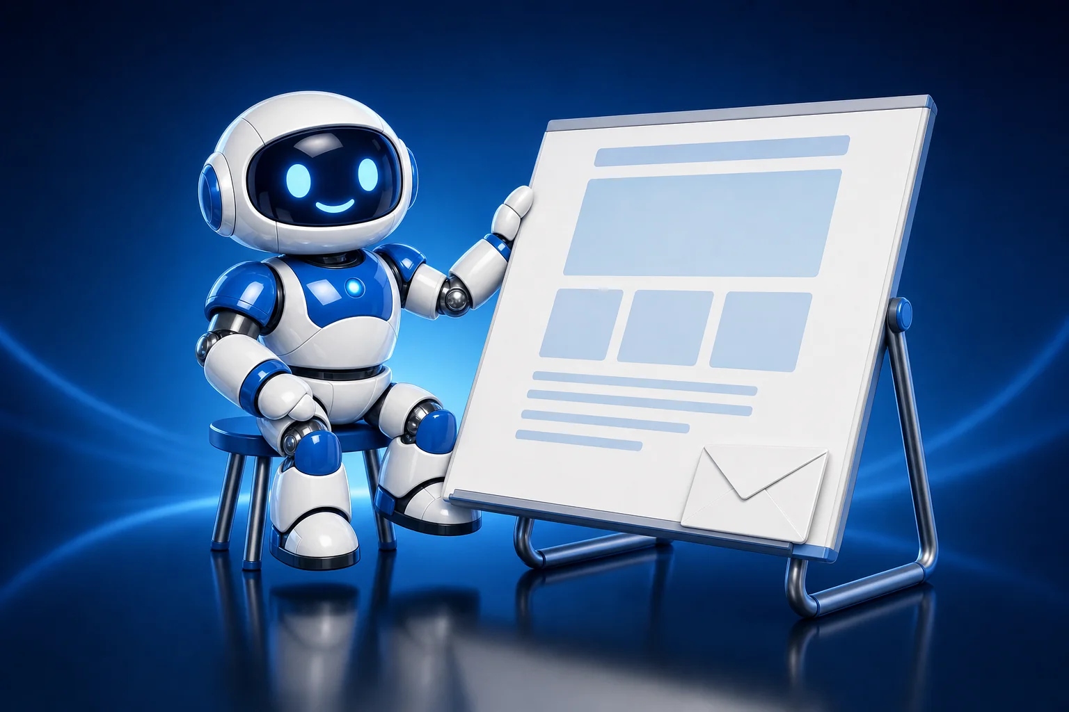 Glossy 3D illustration of Pip, a small white and blue robot, sitting beside an angled drawing board pinned with a website wireframe made of blocks and bars, a single envelope resting on the corner of the board